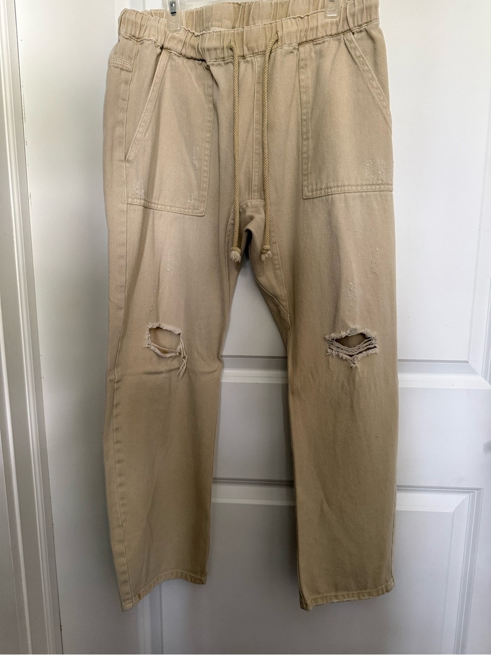 Impressions Tan Distressed Cropped Drawstring Pants